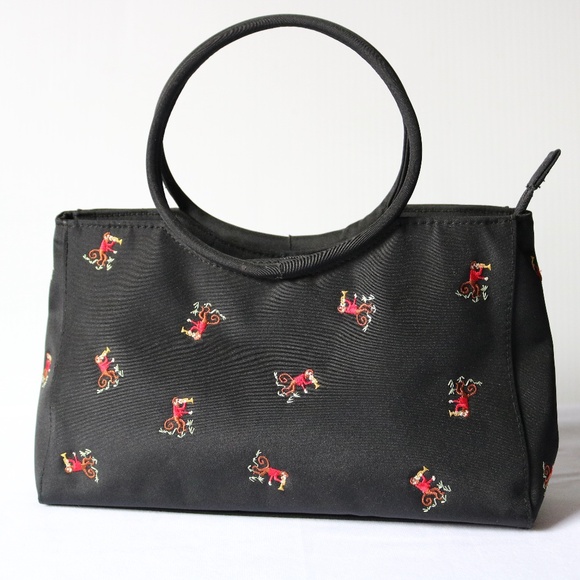 Monkey Purse Handbag Black Embroidered Hoop Handle Trumpet Quirky - Picture 1 of 8